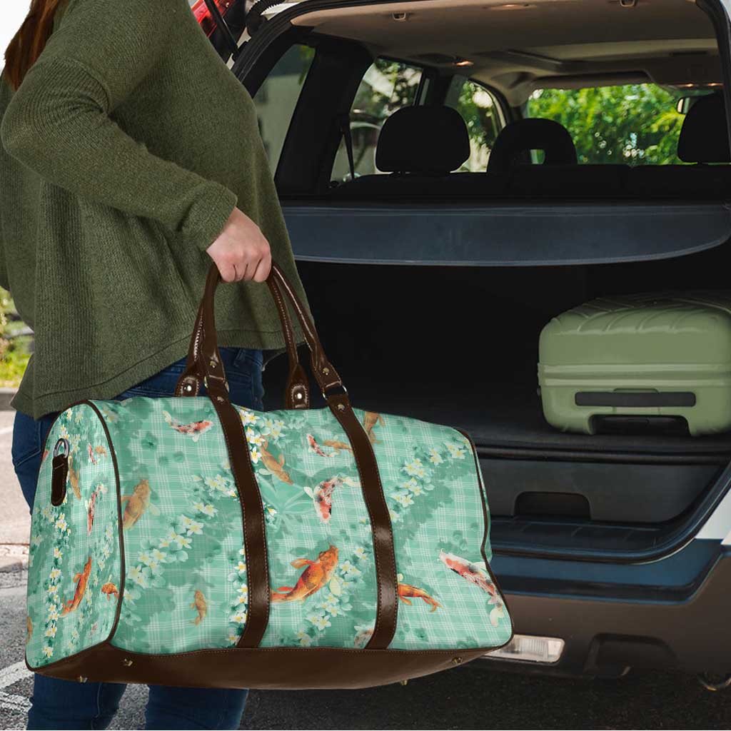 Green Palaka Hawaiian And Japanese Travel Bag Sakura Lei With Koi Fish - Polynesian Pride