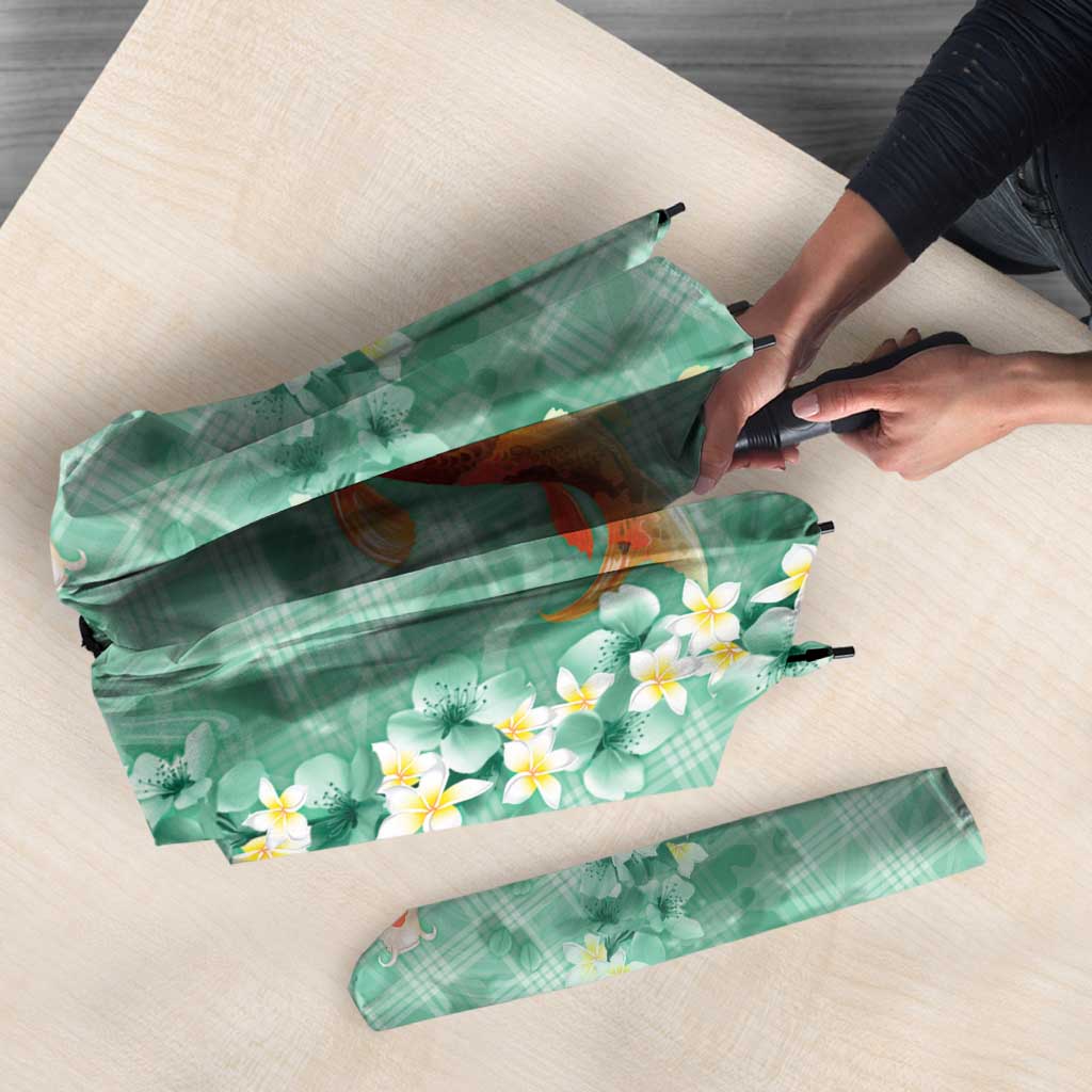 Green Palaka Hawaiian And Japanese Umbrella Sakura Lei With Koi Fish - Polynesian Pride