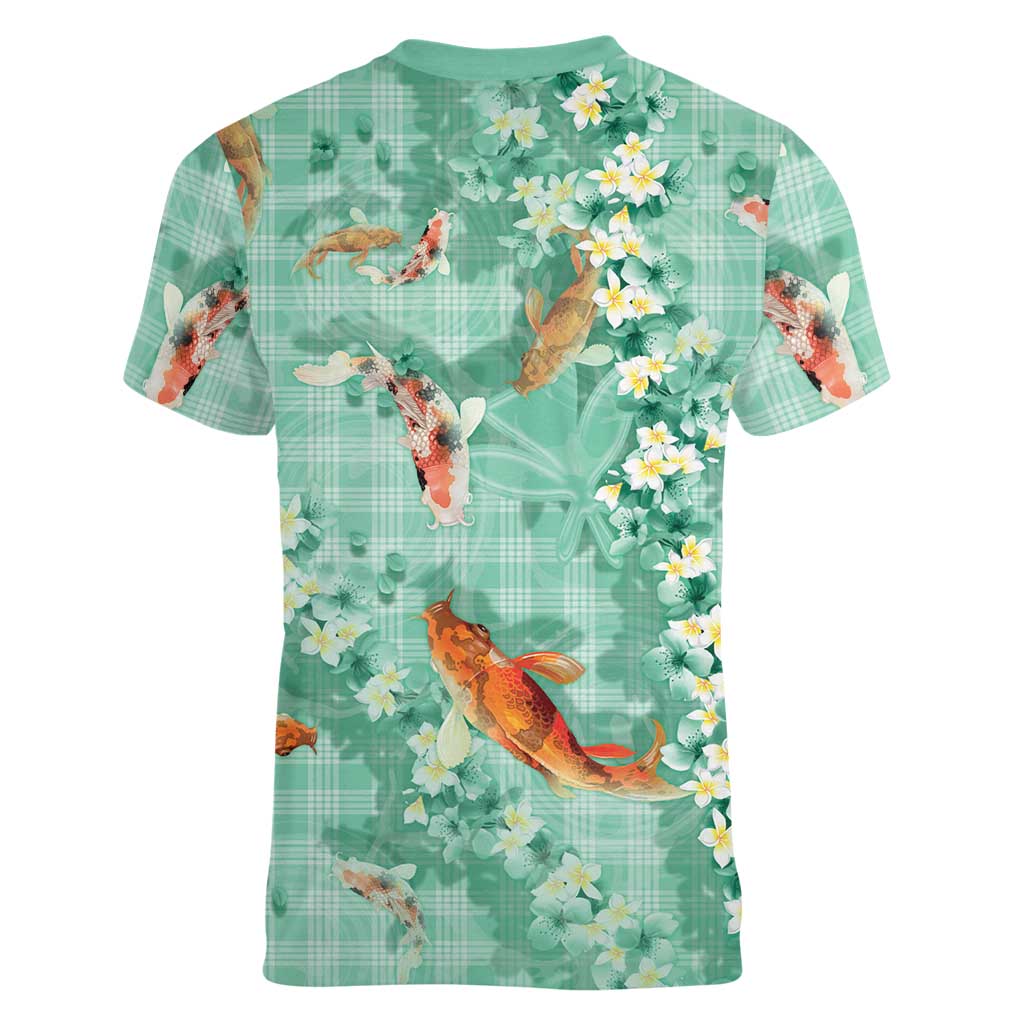 Green Palaka Hawaiian And Japanese Women V-Neck T-Shirt Sakura Lei With Koi Fish - Polynesian Pride