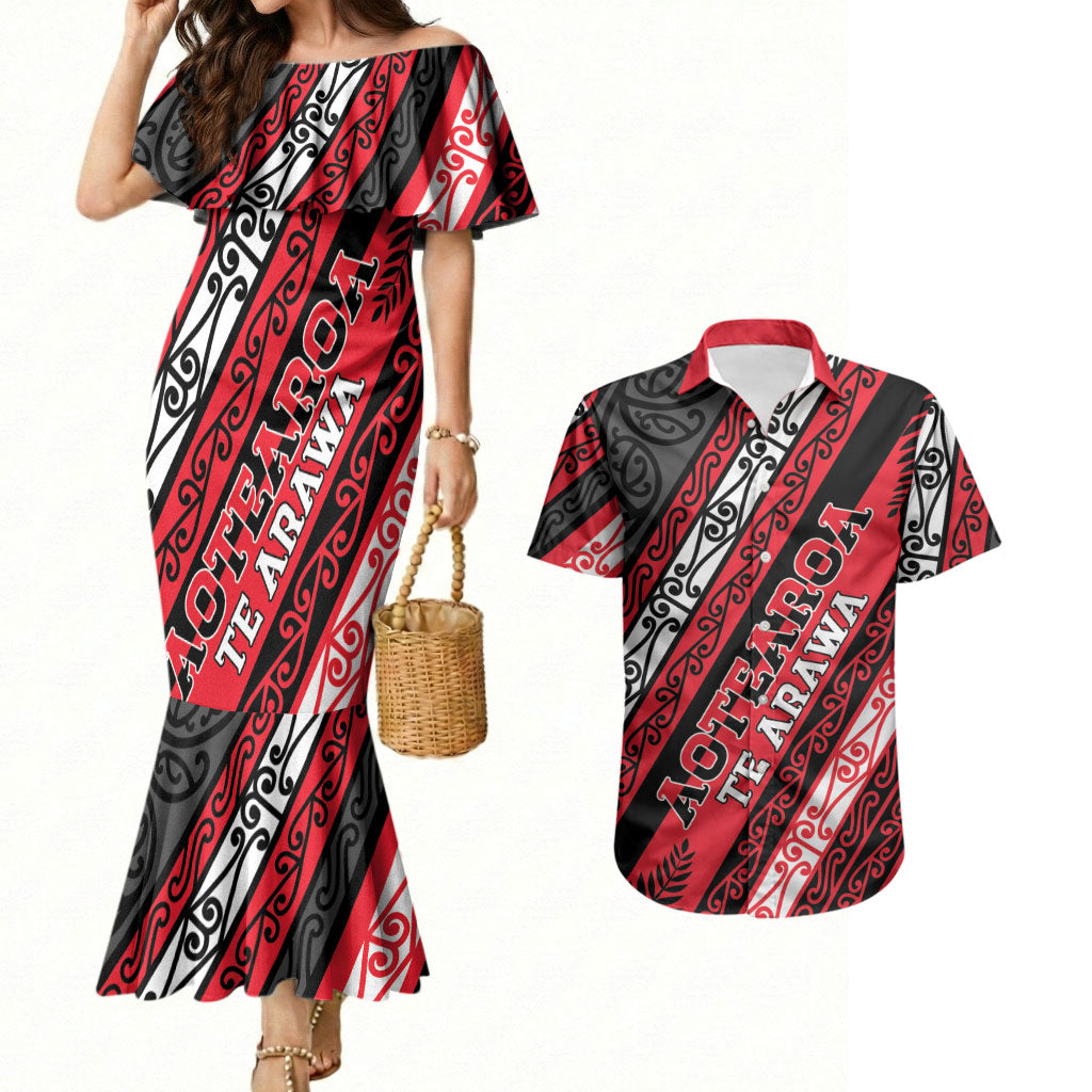Personalised Aotearoa Te Arawa Couples Matching Mermaid Dress and Hawaiian Shirt New Zealand Maori Tribal Fern Pattern