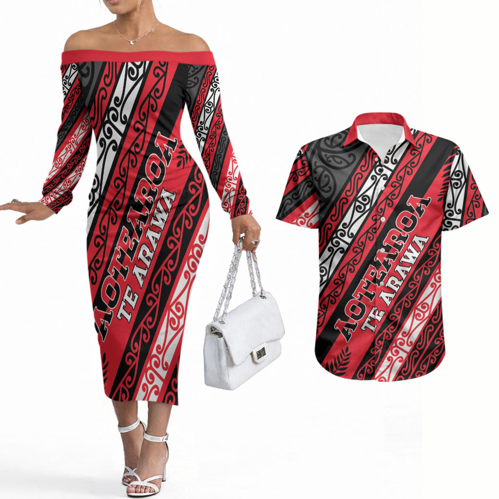 Personalised Aotearoa Te Arawa Couples Matching Off The Shoulder Long Sleeve Dress and Hawaiian Shirt New Zealand Maori Tribal Fern Pattern DT05 Red - Polynesian Pride