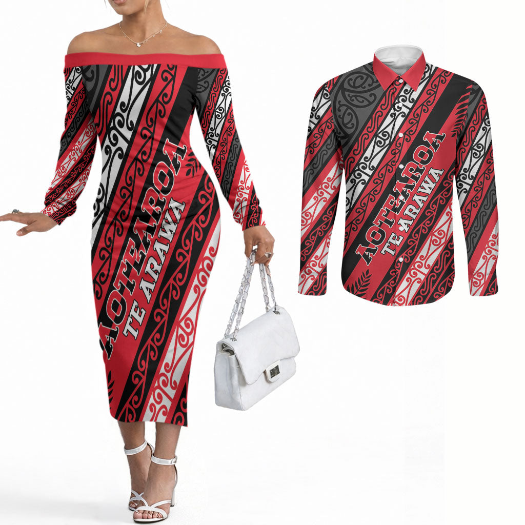 Personalised Aotearoa Te Arawa Couples Matching Off The Shoulder Long Sleeve Dress and Long Sleeve Button Shirt New Zealand Maori Tribal Fern Pattern DT05 Red - Polynesian Pride