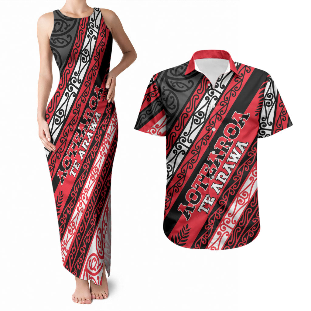 Personalised Aotearoa Te Arawa Couples Matching Tank Maxi Dress and Hawaiian Shirt New Zealand Maori Tribal Fern Pattern