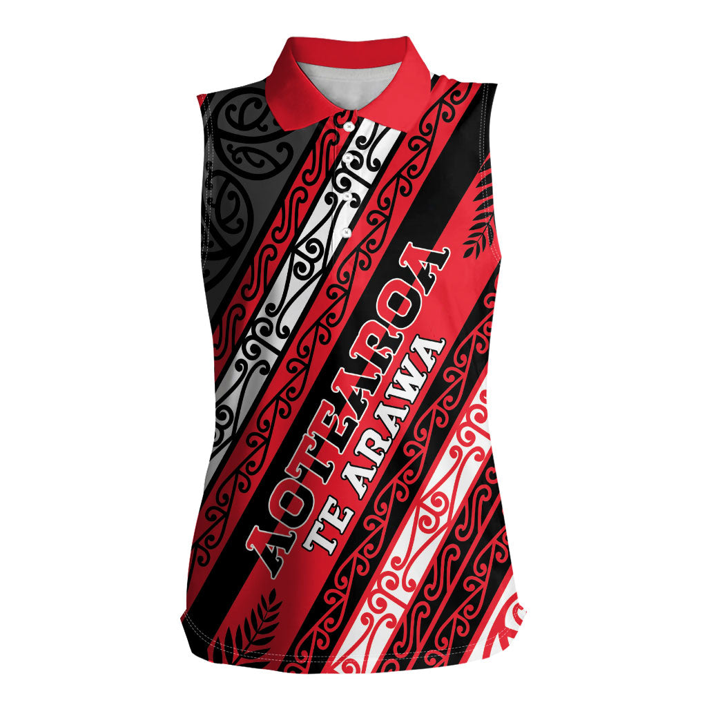 Personalised Aotearoa Te Arawa Women Sleeveless Polo Shirt New Zealand Maori Tribal Fern Pattern DT05 Female Red - Polynesian Pride