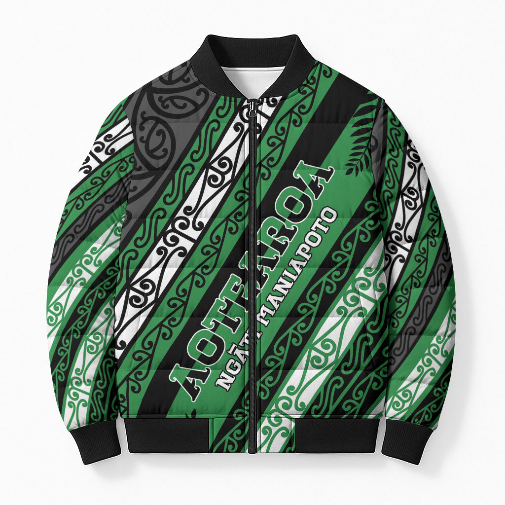 Personalised Aotearoa Ngati Maniapoto Bomber Puffer Jacket New Zealand Maori Tribal Fern Pattern DT05 Unisex Green - Polynesian Pride