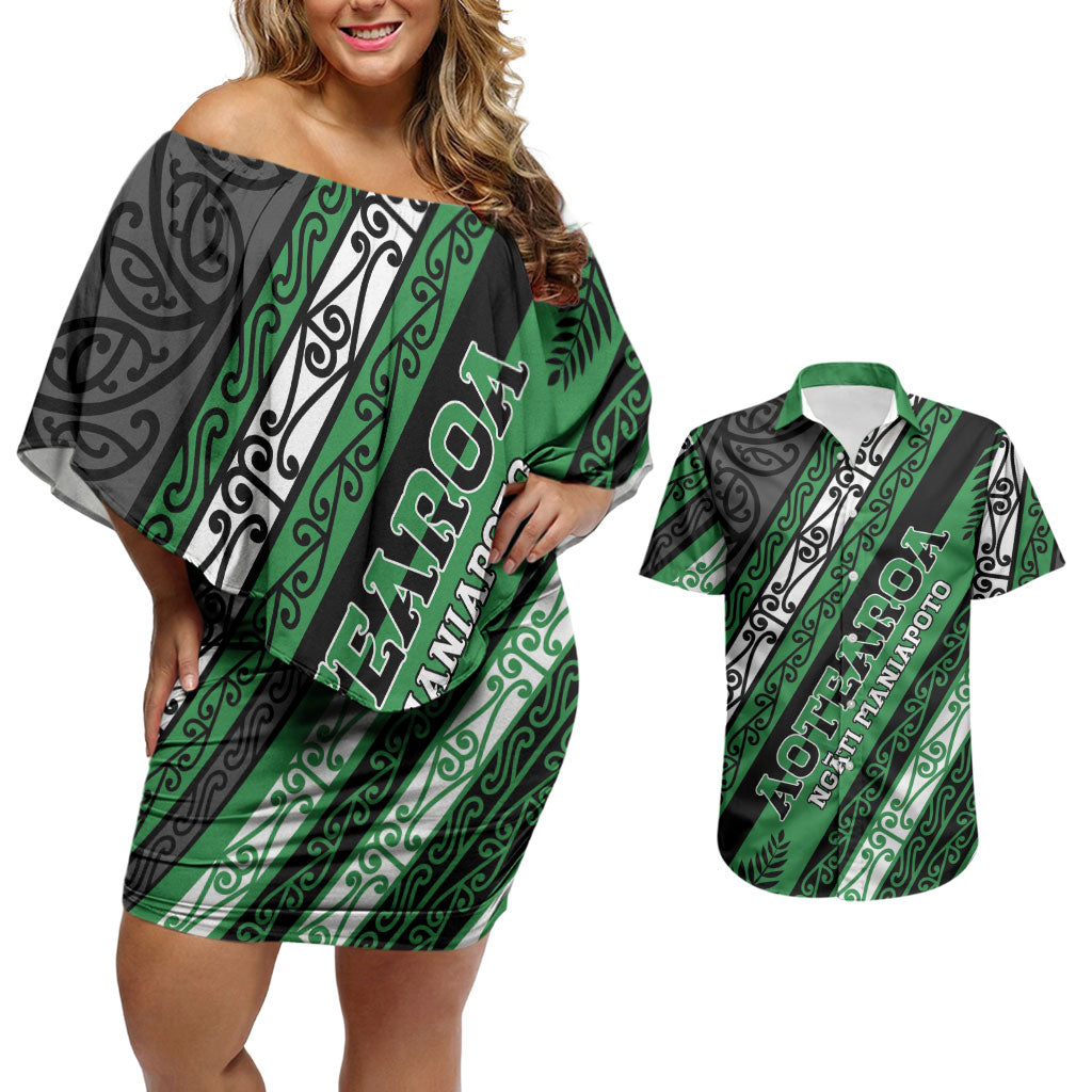 Personalised Aotearoa Ngati Maniapoto Couples Matching Off Shoulder Short Dress and Hawaiian Shirt New Zealand Maori Tribal Fern Pattern
