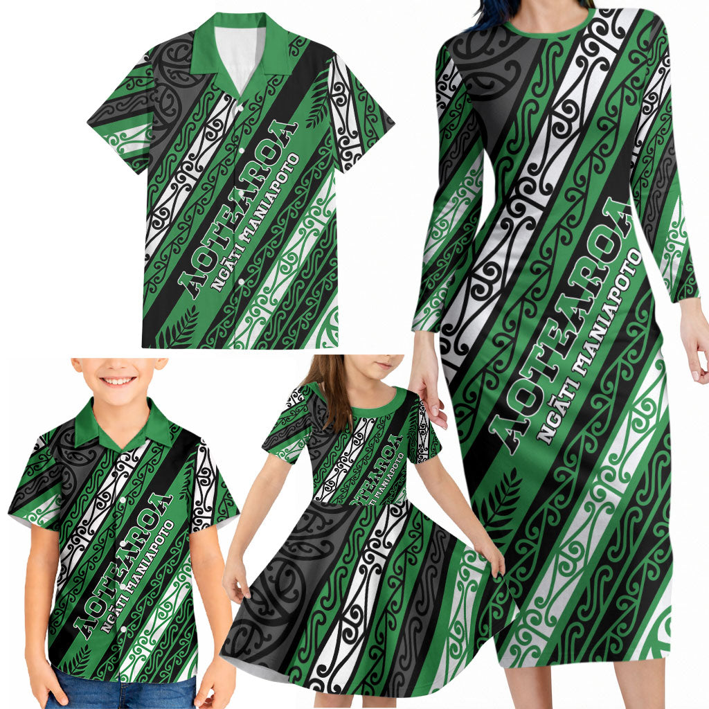 Personalised Aotearoa Ngati Maniapoto Family Matching Long Sleeve Bodycon Dress and Hawaiian Shirt New Zealand Maori Tribal Fern Pattern