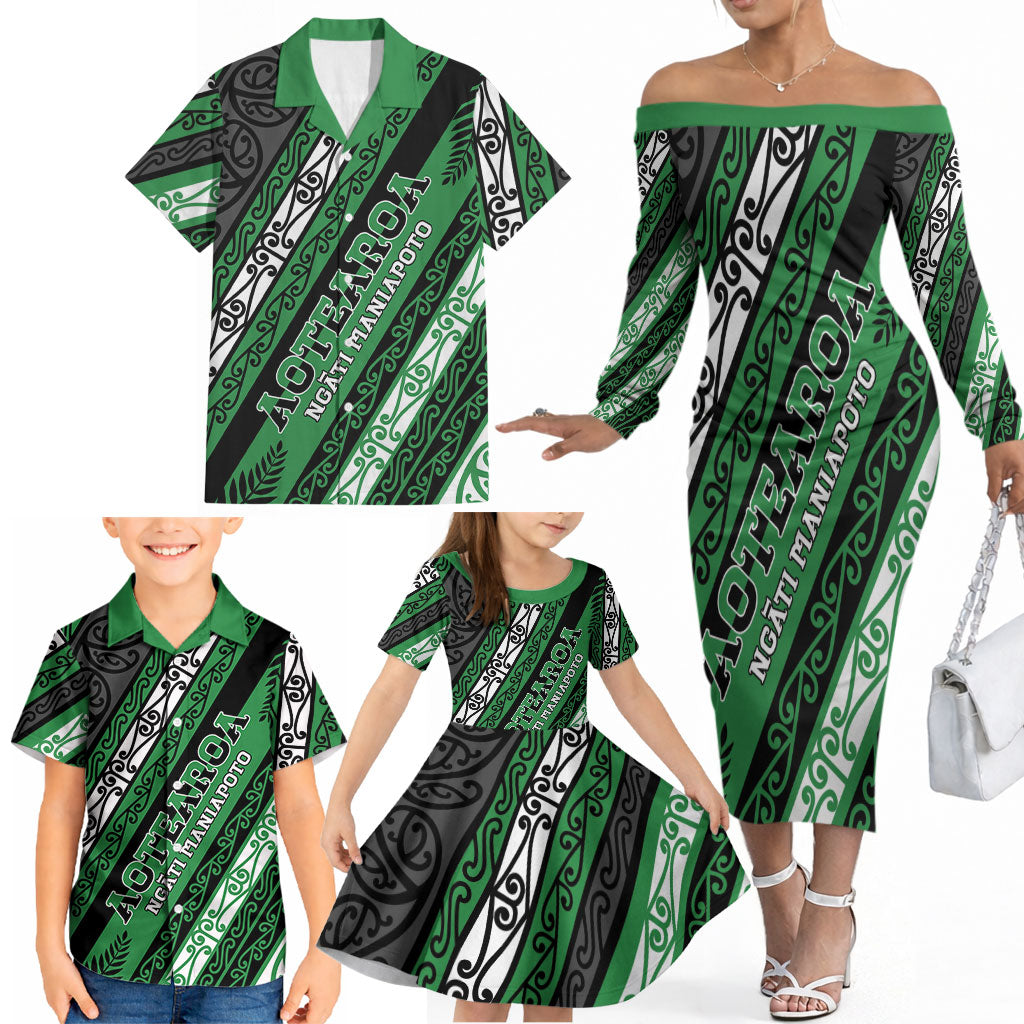 Personalised Aotearoa Ngati Maniapoto Family Matching Off The Shoulder Long Sleeve Dress and Hawaiian Shirt New Zealand Maori Tribal Fern Pattern DT05 - Polynesian Pride