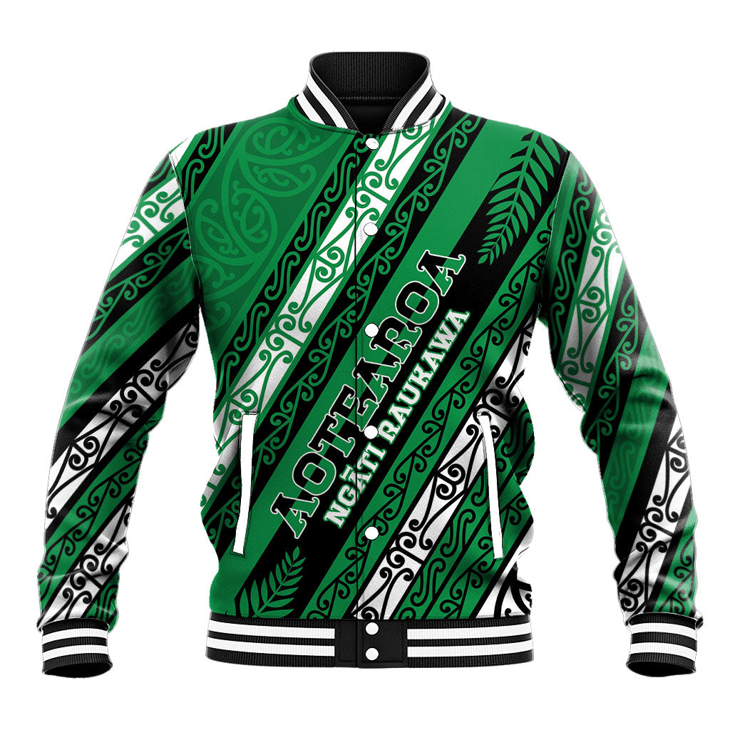Personalised Aotearoa Ngati Raukawa Baseball Jacket New Zealand Maori Tribal Fern Pattern DT05 Unisex Green - Polynesian Pride