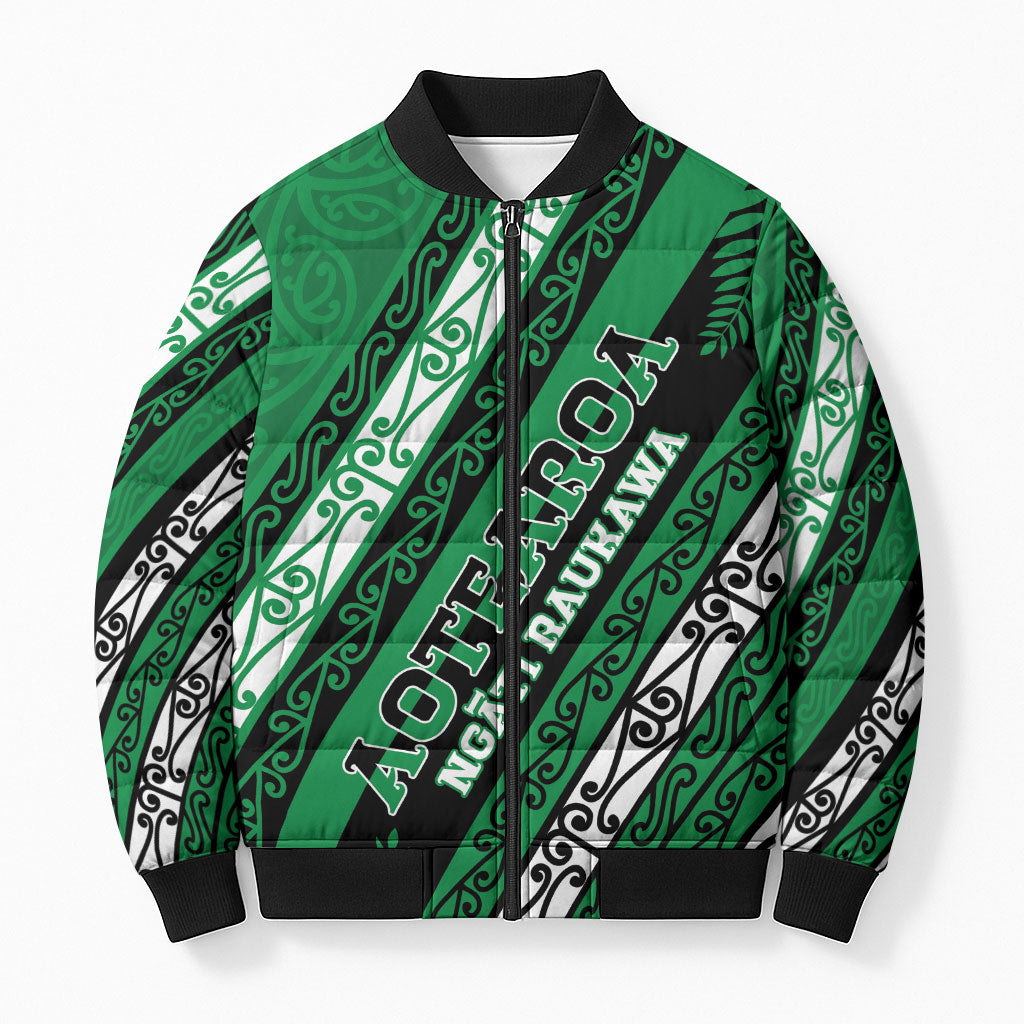 Personalised Aotearoa Ngati Raukawa Bomber Puffer Jacket New Zealand Maori Tribal Fern Pattern DT05 Unisex Green - Polynesian Pride