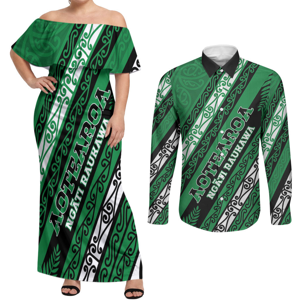 Personalised Aotearoa Ngati Raukawa Couples Matching Off Shoulder Maxi Dress and Long Sleeve Button Shirt New Zealand Maori Tribal Fern Pattern