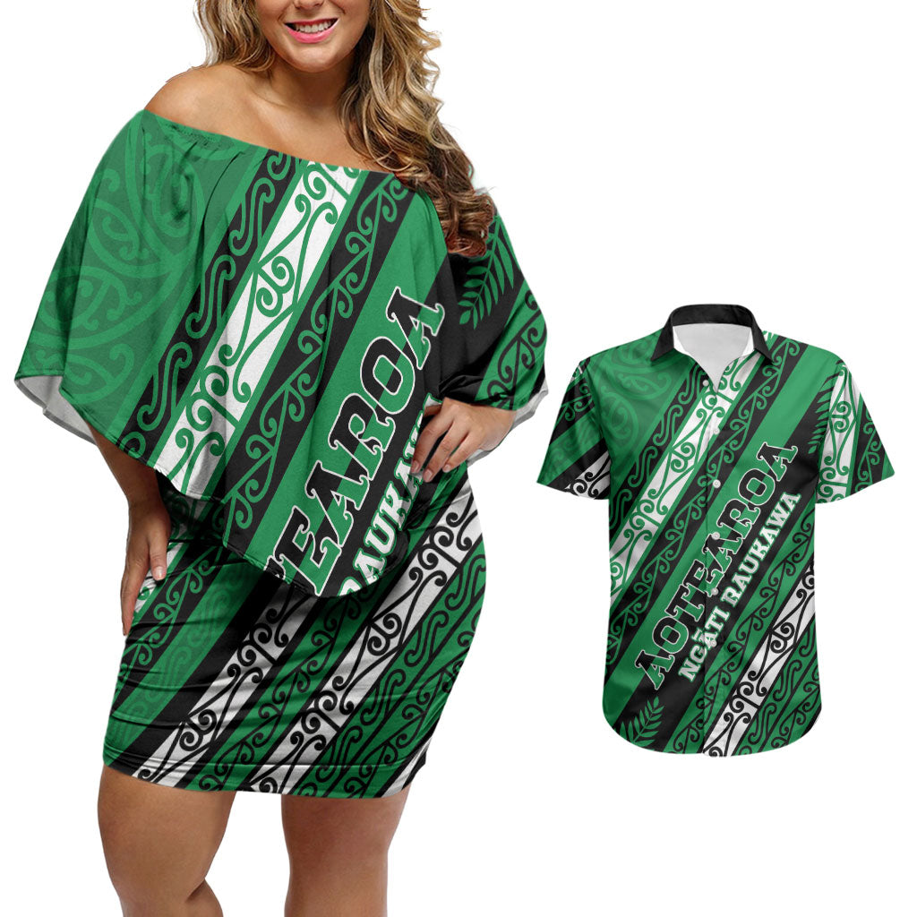 Personalised Aotearoa Ngati Raukawa Couples Matching Off Shoulder Short Dress and Hawaiian Shirt New Zealand Maori Tribal Fern Pattern DT05 Green - Polynesian Pride