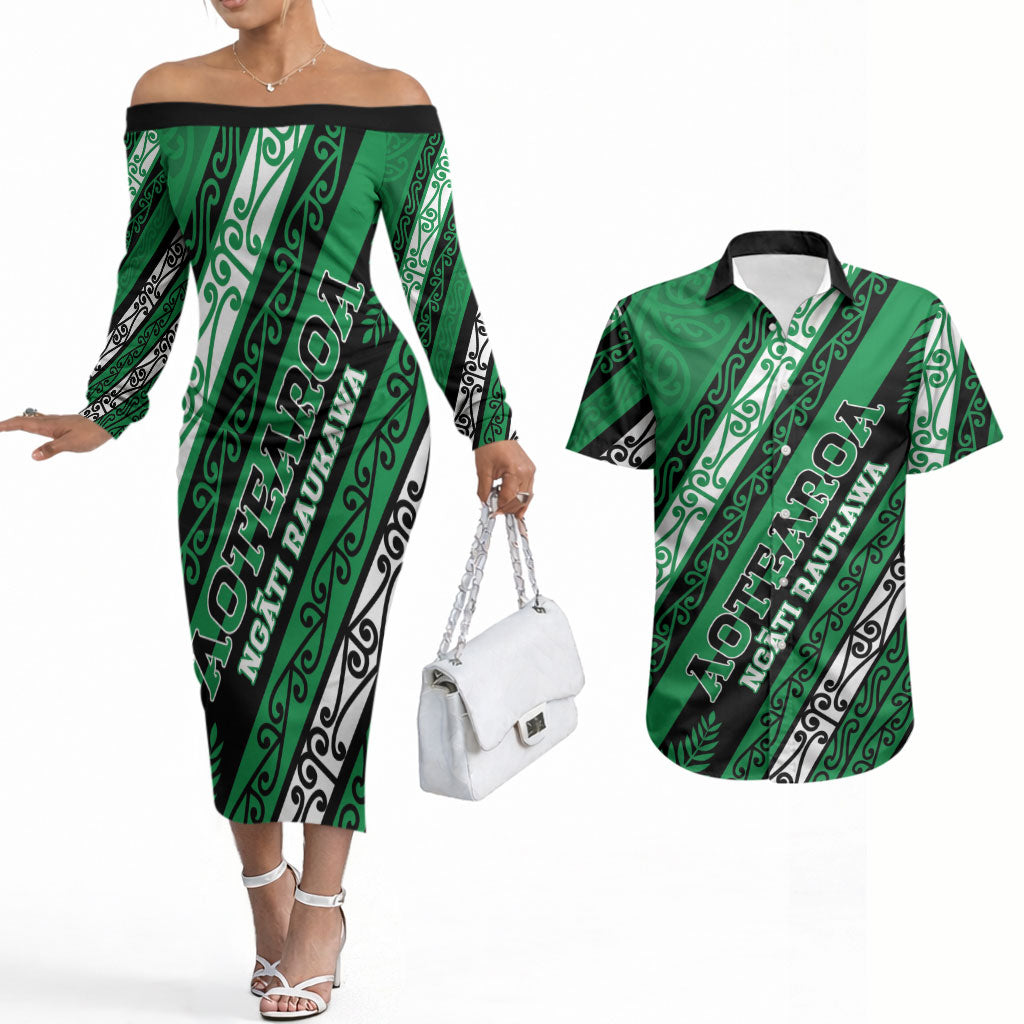 Personalised Aotearoa Ngati Raukawa Couples Matching Off The Shoulder Long Sleeve Dress and Hawaiian Shirt New Zealand Maori Tribal Fern Pattern DT05 Green - Polynesian Pride