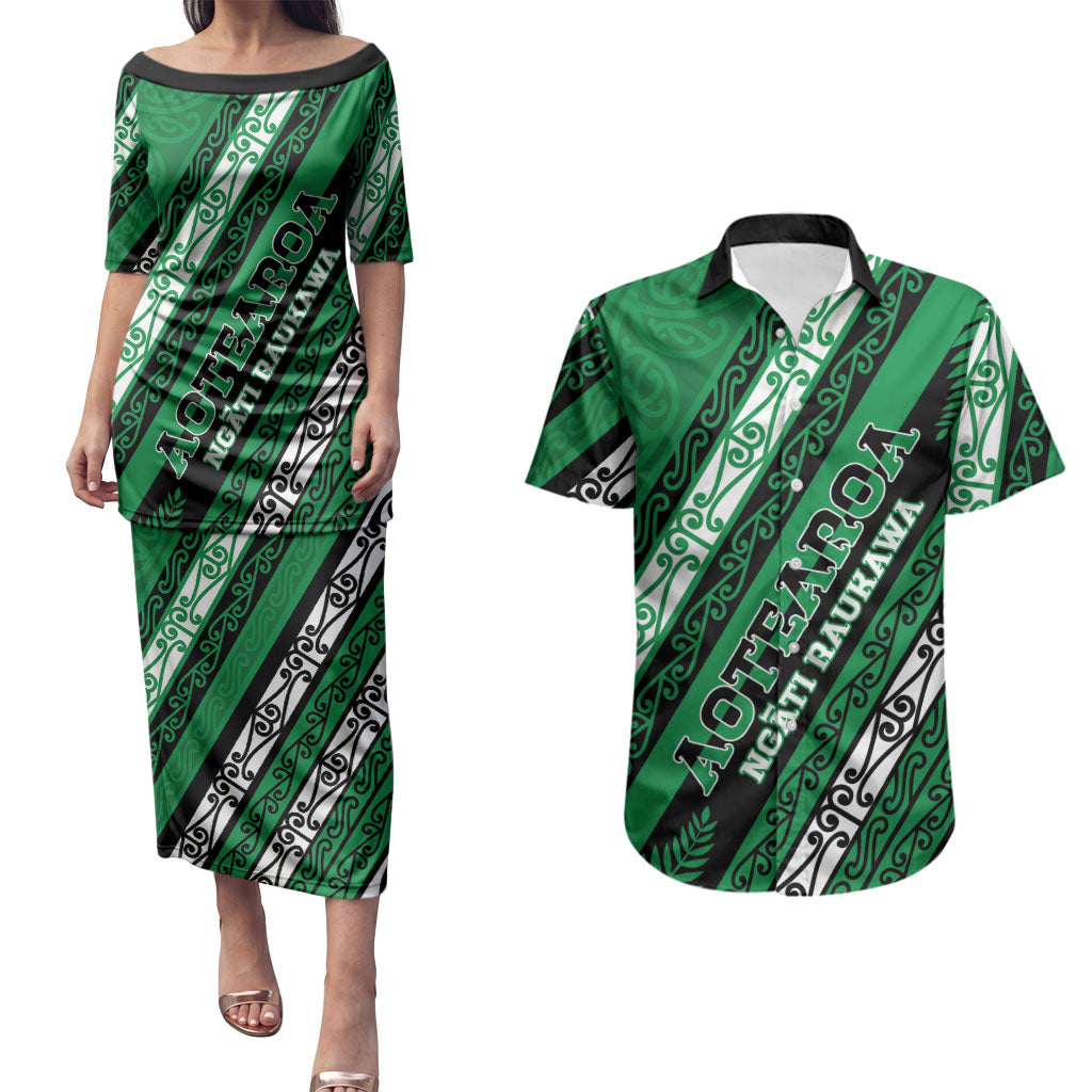 Personalised Aotearoa Ngati Raukawa Couples Matching Puletasi and Hawaiian Shirt New Zealand Maori Tribal Fern Pattern DT05 Green - Polynesian Pride