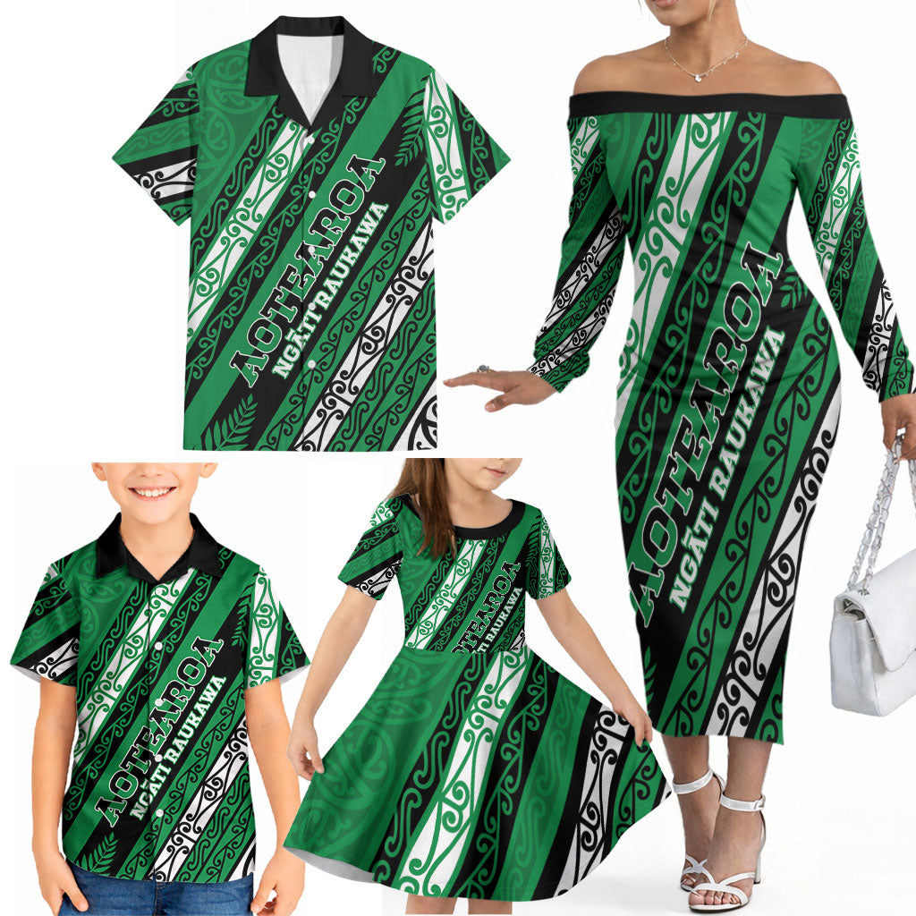Personalised Aotearoa Ngati Raukawa Family Matching Off The Shoulder Long Sleeve Dress and Hawaiian Shirt New Zealand Maori Tribal Fern Pattern DT05 - Polynesian Pride