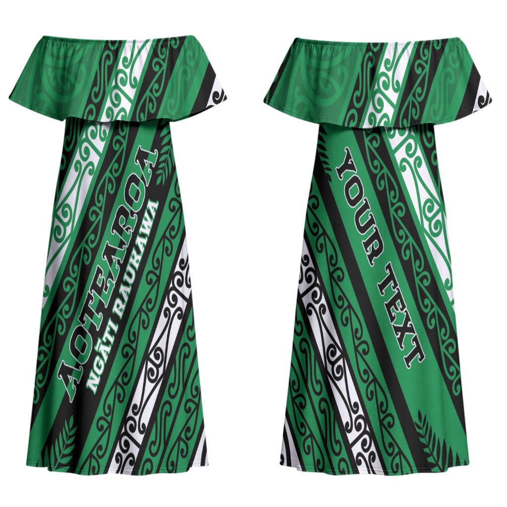 Personalised Aotearoa Ngati Raukawa Family Matching Off Shoulder Maxi Dress and Hawaiian Shirt New Zealand Maori Tribal Fern Pattern