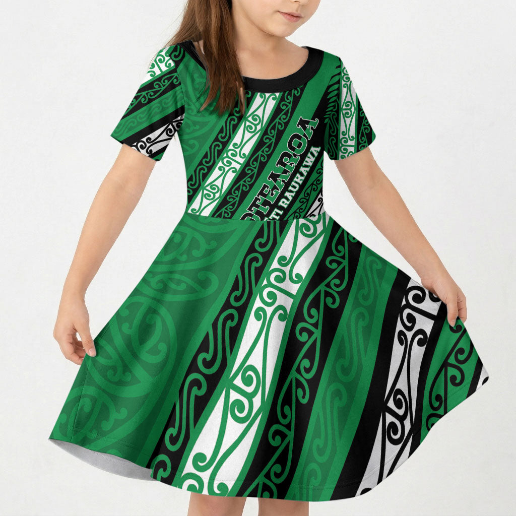 Personalised Aotearoa Ngati Raukawa Kid Short Sleeve Dress New Zealand Maori Tribal Fern Pattern