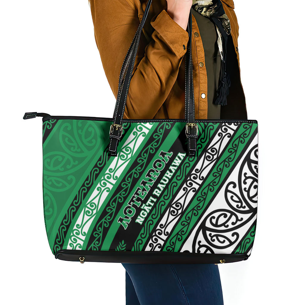 Aotearoa Ngati Raukawa Leather Tote Bag New Zealand Maori Tribal Fern Pattern