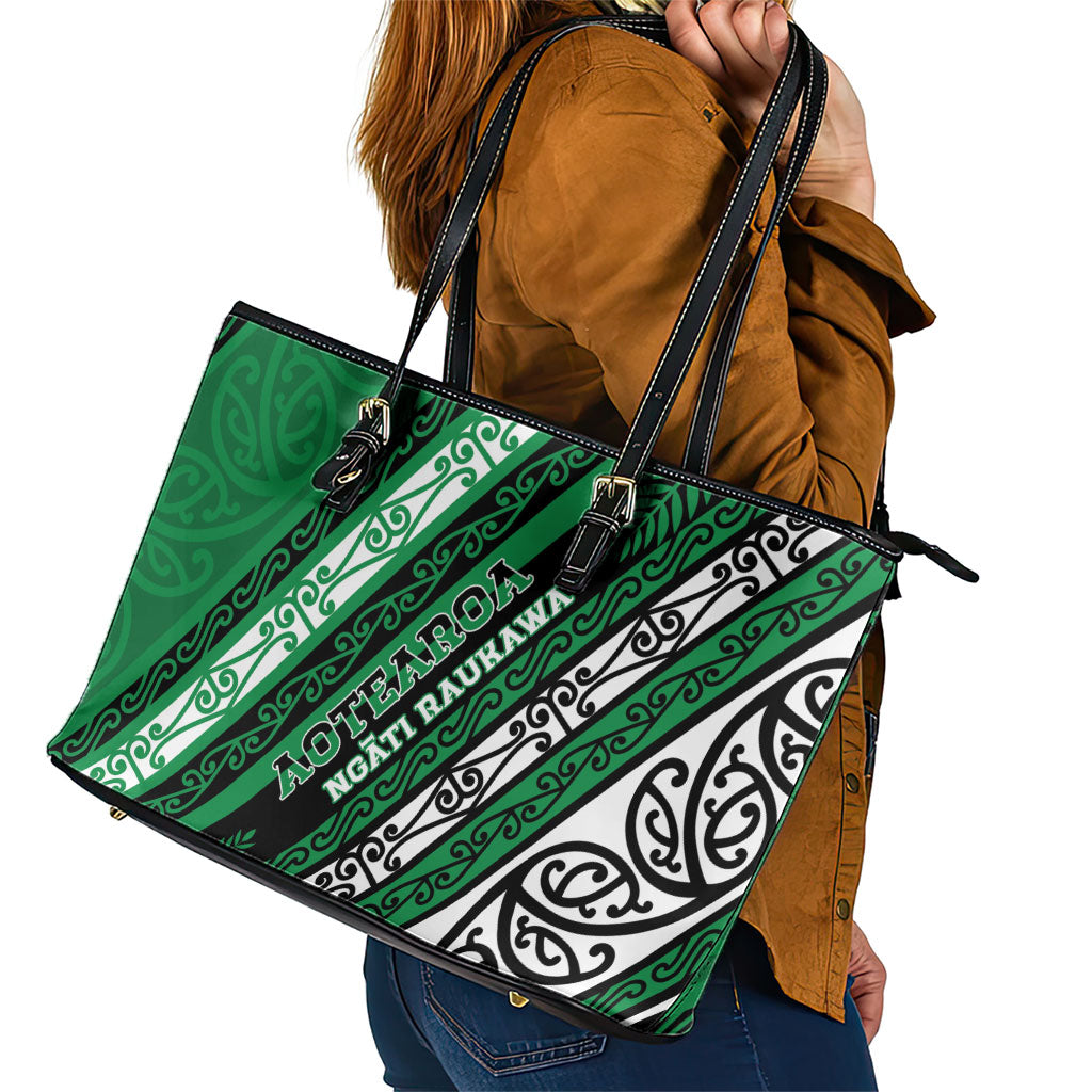 Aotearoa Ngati Raukawa Leather Tote Bag New Zealand Maori Tribal Fern Pattern