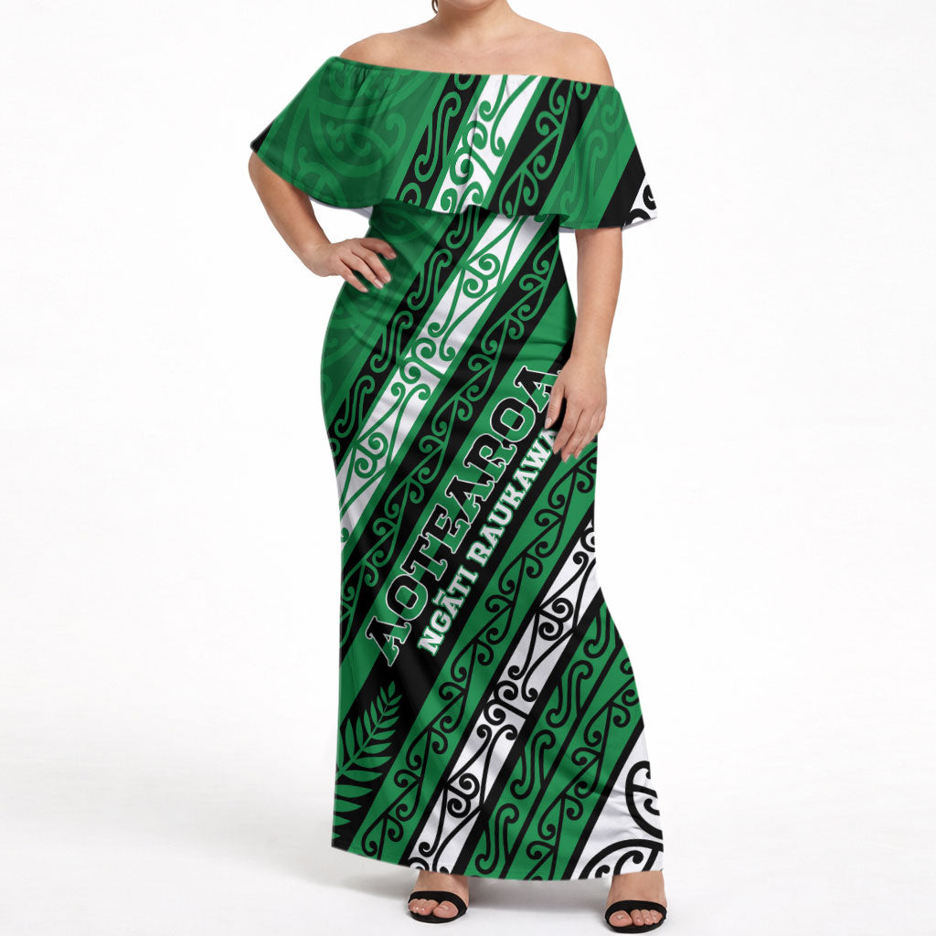 Personalised Aotearoa Ngati Raukawa Off Shoulder Maxi Dress New Zealand Maori Tribal Fern Pattern