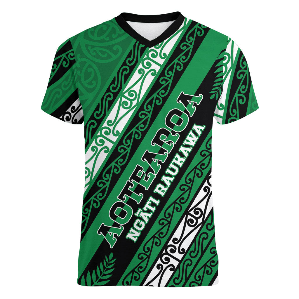 Personalised Aotearoa Ngati Raukawa Women V-Neck T-Shirt New Zealand Maori Tribal Fern Pattern DT05 Female Green - Polynesian Pride