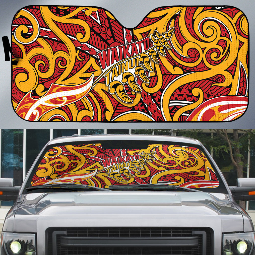 Aotearoa Waikato Tainui Auto Sun Shade Maori Tribal Pattern Koru Motif DT05 Yellow - Polynesian Pride