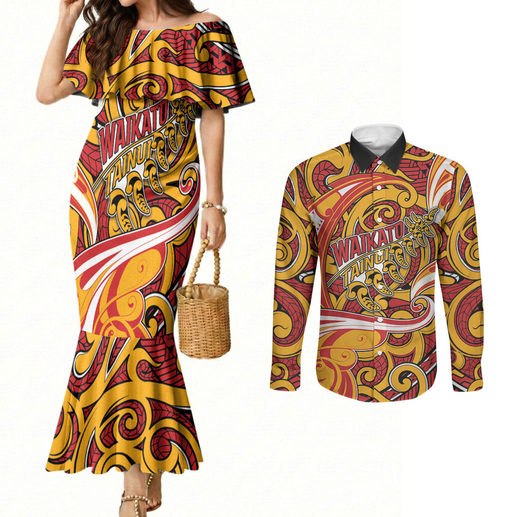Custom Aotearoa Waikato Tainui Couples Matching Mermaid Dress and Long Sleeve Button Shirt Maori Tribal Pattern Koru Motif