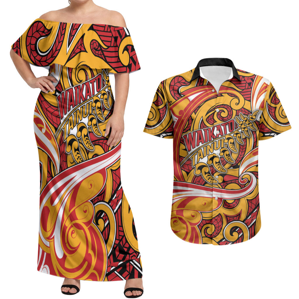 Custom Aotearoa Waikato Tainui Couples Matching Off Shoulder Maxi Dress and Hawaiian Shirt Maori Tribal Pattern Koru Motif