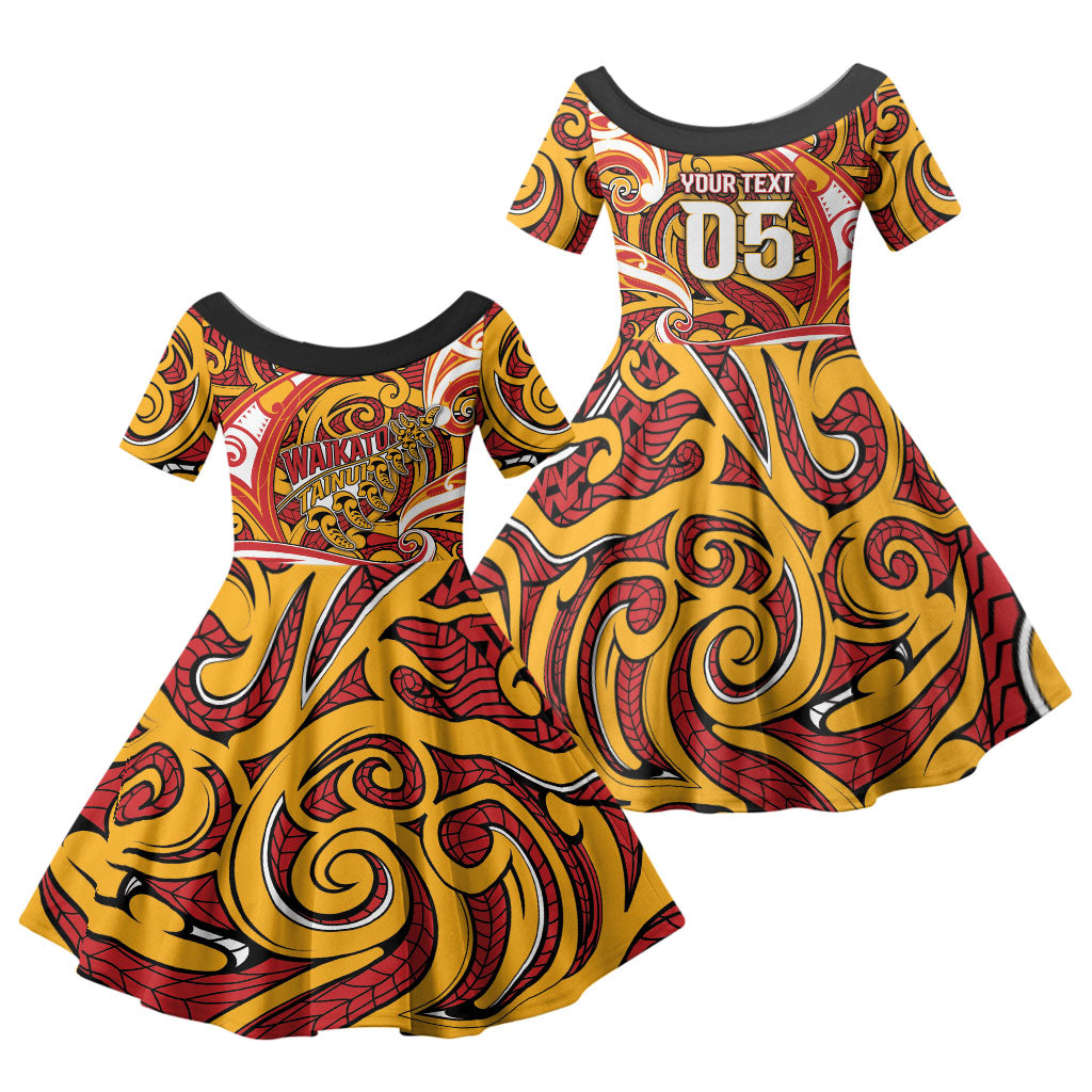 Custom Aotearoa Waikato Tainui Family Matching Off Shoulder Short Dress and Hawaiian Shirt Maori Tribal Pattern Koru Motif