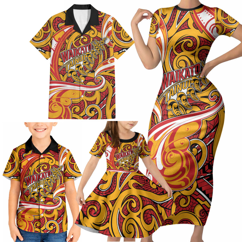 Custom Aotearoa Waikato Tainui Family Matching Short Sleeve Bodycon Dress and Hawaiian Shirt Maori Tribal Pattern Koru Motif