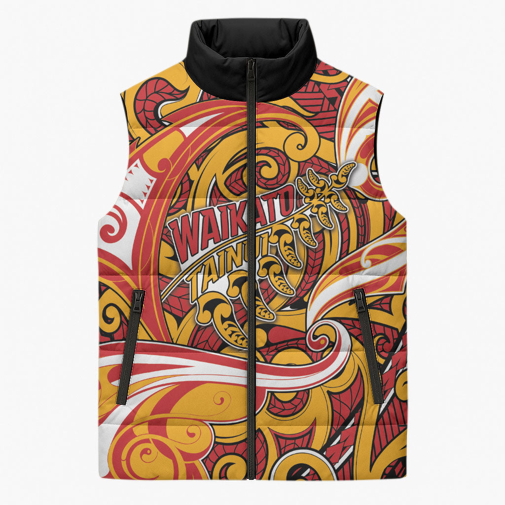 Custom Aotearoa Waikato Tainui Sleeveless Puffer Jacket Maori Tribal Pattern Koru Motif