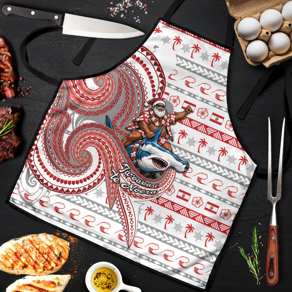 French Polynesian Christmas Apron Santa Riding Hammerhead Shark Tahitian DT05 White - Polynesian Pride