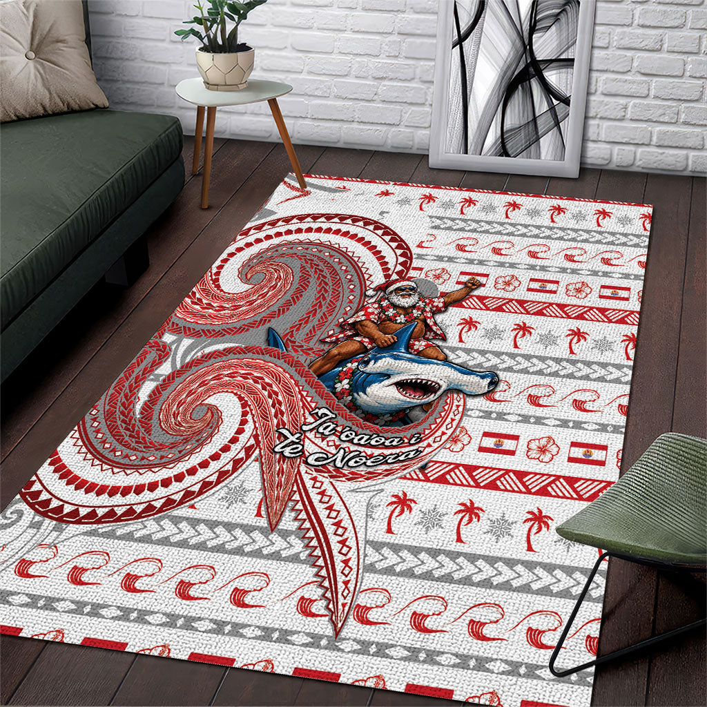 French Polynesian Christmas Area Rug Santa Riding Hammerhead Shark Tahitian DT05 White - Polynesian Pride