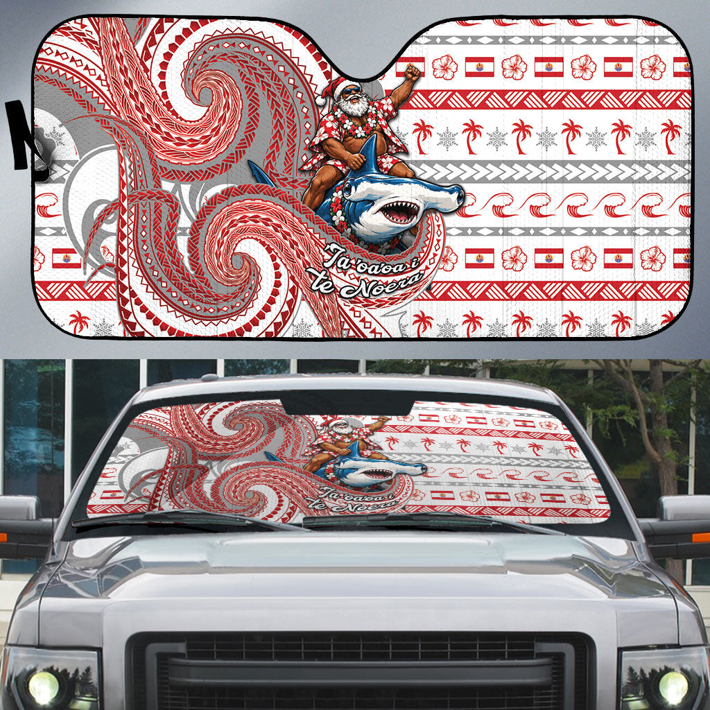 French Polynesian Christmas Auto Sun Shade Santa Riding Hammerhead Shark Tahitian DT05 White - Polynesian Pride