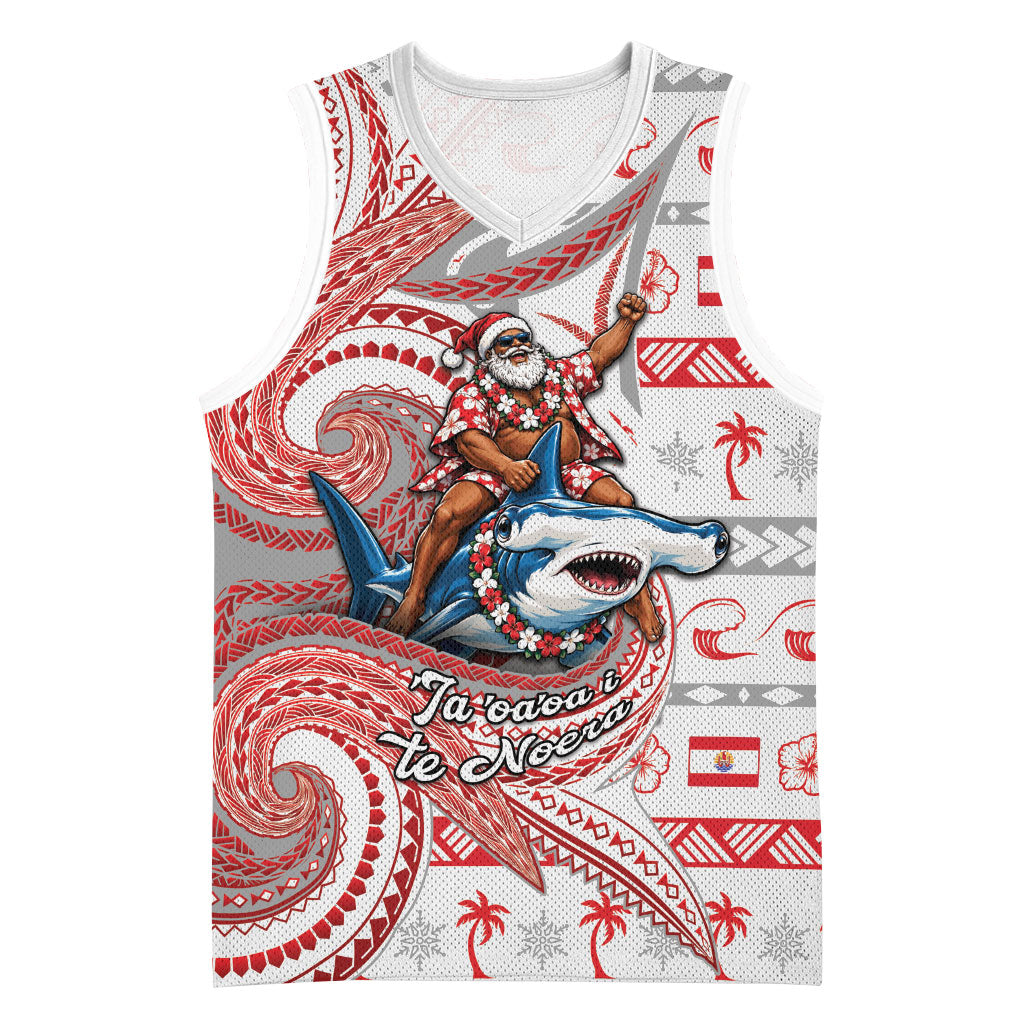 French Polynesian Christmas Basketball Jersey Santa Riding Hammerhead Shark Tahitian DT05 Unisex White - Polynesian Pride
