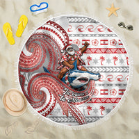 French Polynesian Christmas Beach Blanket Santa Riding Hammerhead Shark Tahitian DT05 One Size 150cm White - Polynesian Pride