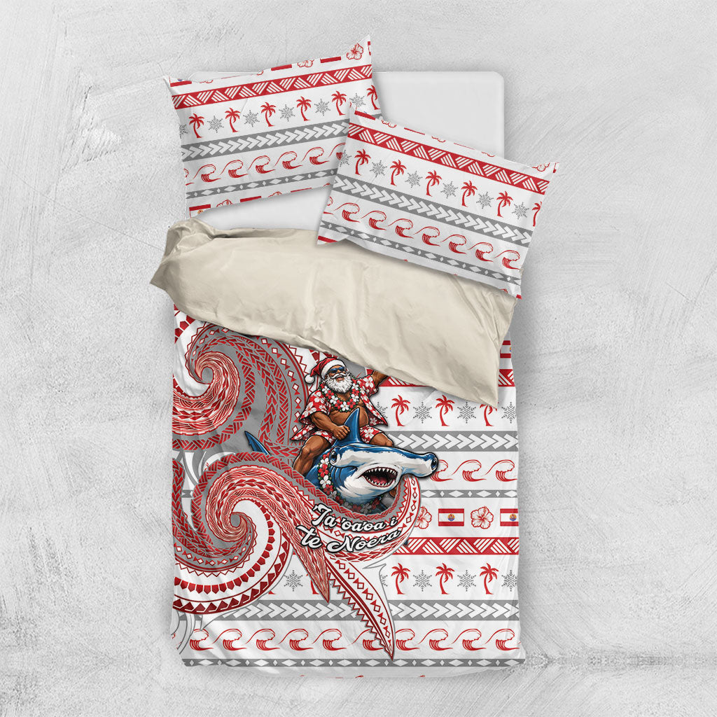 French Polynesian Christmas Bedding Set Santa Riding Hammerhead Shark Tahitian DT05 US Twin 172cm x 218cm White - Polynesian Pride