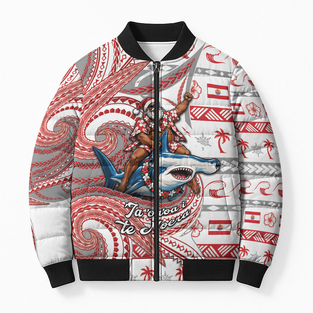 French Polynesian Christmas Bomber Puffer Jacket Santa Riding Hammerhead Shark Tahitian DT05 Unisex White - Polynesian Pride