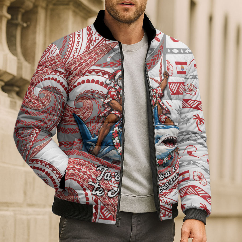 French Polynesian Christmas Bomber Puffer Jacket Santa Riding Hammerhead Shark Tahitian DT05 - Polynesian Pride