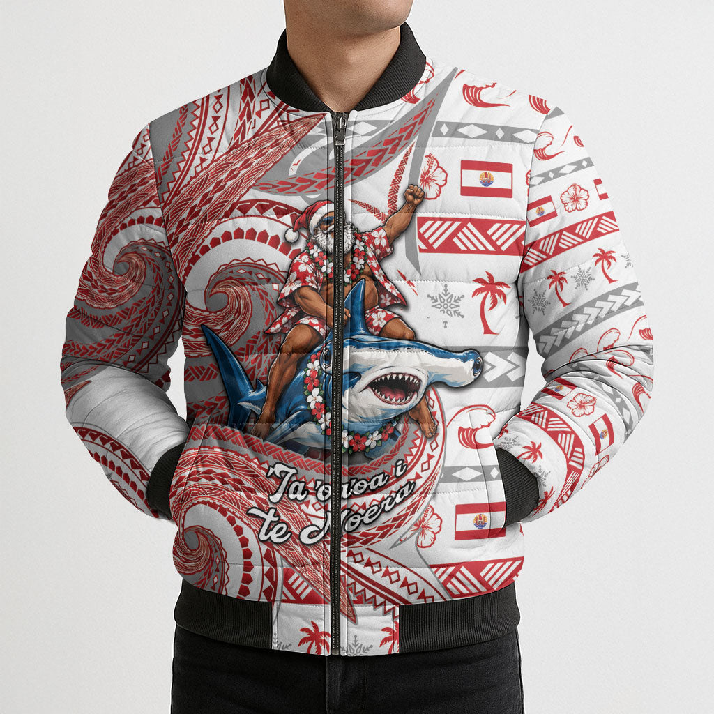 French Polynesian Christmas Bomber Puffer Jacket Santa Riding Hammerhead Shark Tahitian DT05 - Polynesian Pride