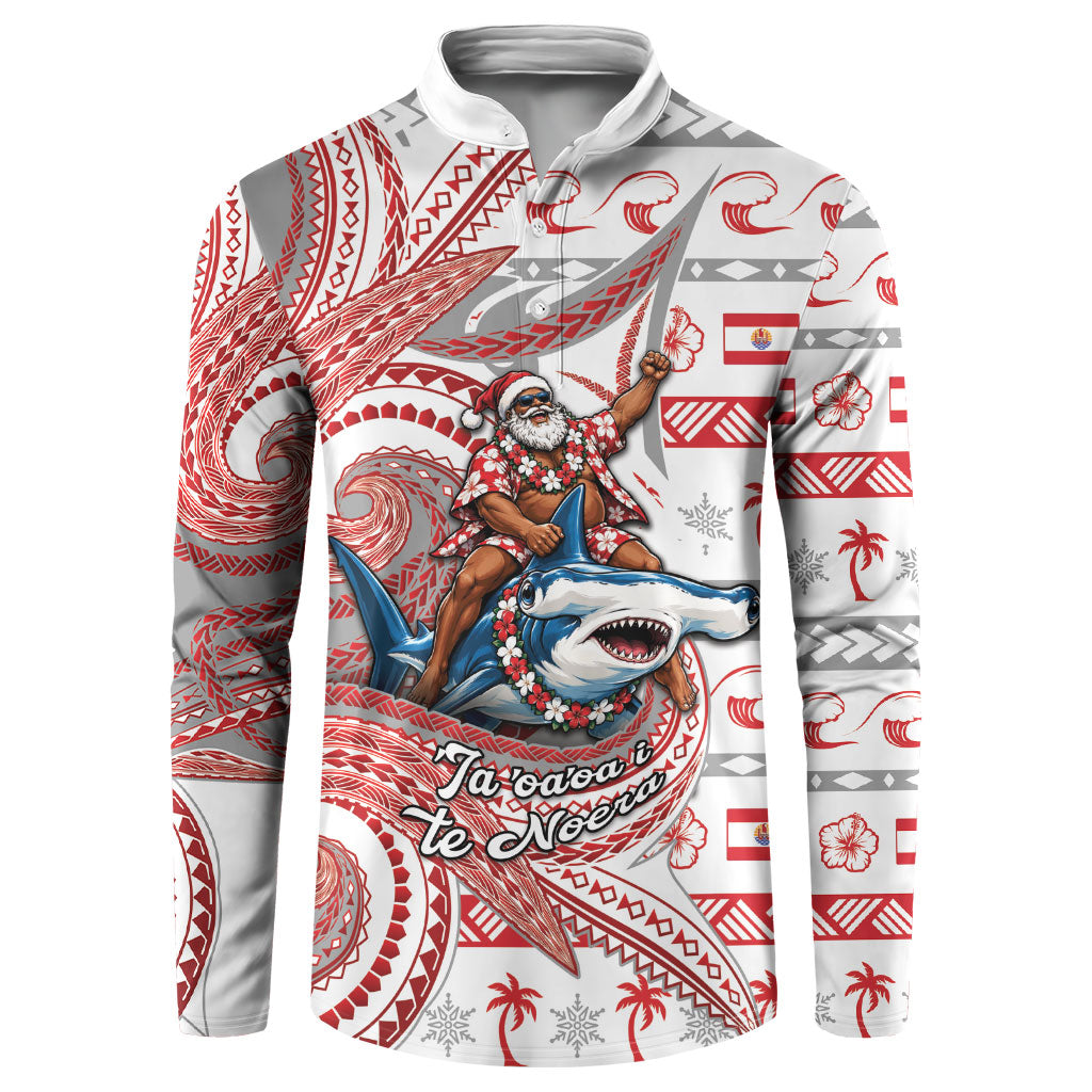 French Polynesian Christmas Button Sweatshirt Santa Riding Hammerhead Shark Tahitian DT05 White - Polynesian Pride