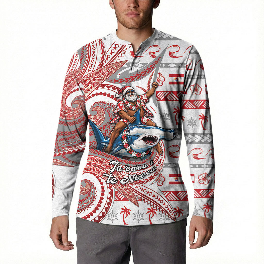 French Polynesian Christmas Button Sweatshirt Santa Riding Hammerhead Shark Tahitian DT05 - Polynesian Pride