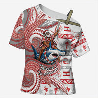 French Polynesian Christmas Cross Shoulder Shirt Santa Riding Hammerhead Shark Tahitian DT05 Female White - Polynesian Pride