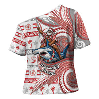 French Polynesian Christmas Cross Shoulder Shirt Santa Riding Hammerhead Shark Tahitian DT05 - Polynesian Pride