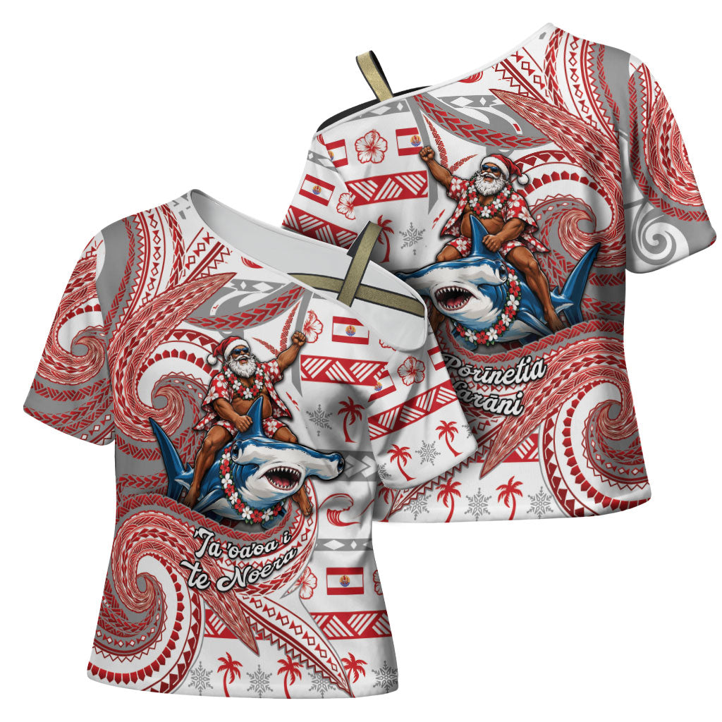 French Polynesian Christmas Cross Shoulder Shirt Santa Riding Hammerhead Shark Tahitian DT05 - Polynesian Pride