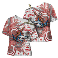 French Polynesian Christmas Cross Shoulder Shirt Santa Riding Hammerhead Shark Tahitian DT05 - Polynesian Pride