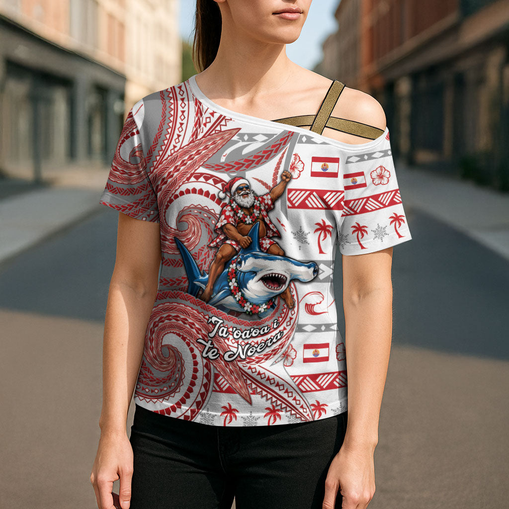 French Polynesian Christmas Cross Shoulder Shirt Santa Riding Hammerhead Shark Tahitian DT05 - Polynesian Pride