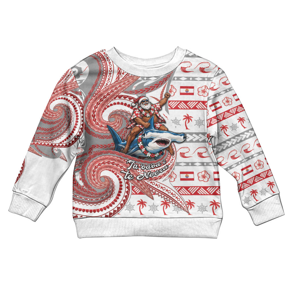 French Polynesian Christmas Kid Ugly Christmas Sweater Santa Riding Hammerhead Shark Tahitian DT05 Kid White - Polynesian Pride