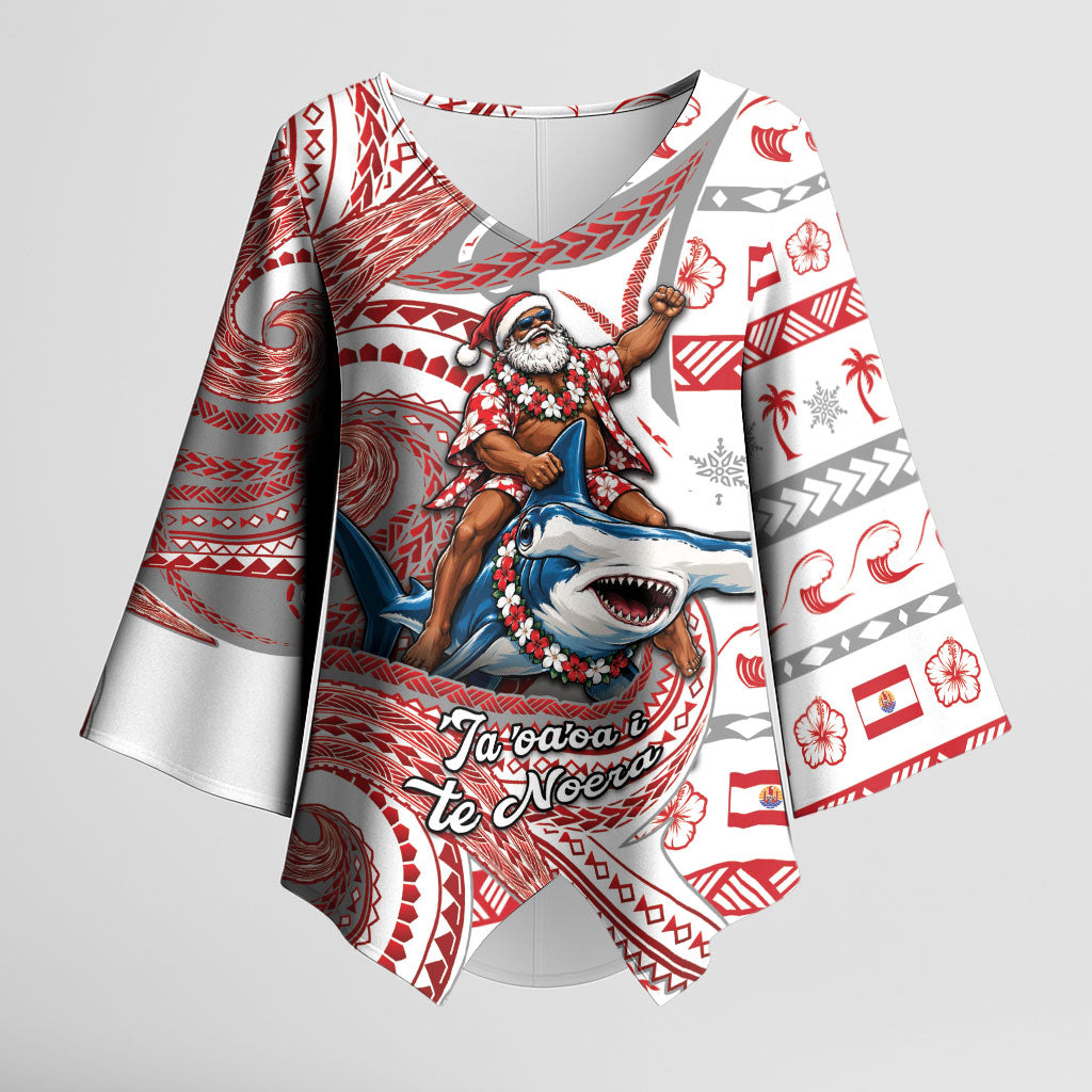 French Polynesian Christmas Kimono Sleeve Blouse Santa Riding Hammerhead Shark Tahitian DT05 Female White - Polynesian Pride