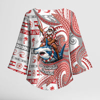 French Polynesian Christmas Kimono Sleeve Blouse Santa Riding Hammerhead Shark Tahitian DT05 - Polynesian Pride